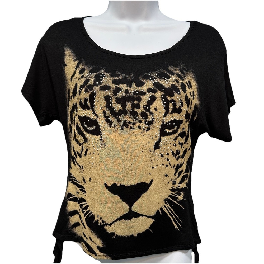 Y2K Ocasion Brand Shirt Womens Small Black Tiger Print Rhinestones Pull On NWT